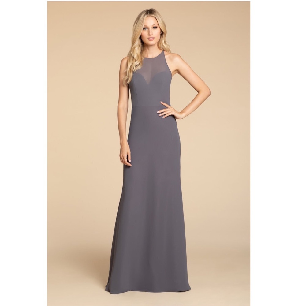 Hayley Paige Occasions NWT 5909 Gunmetal Chiffon A-line Bridesmaid Maxi Dress
